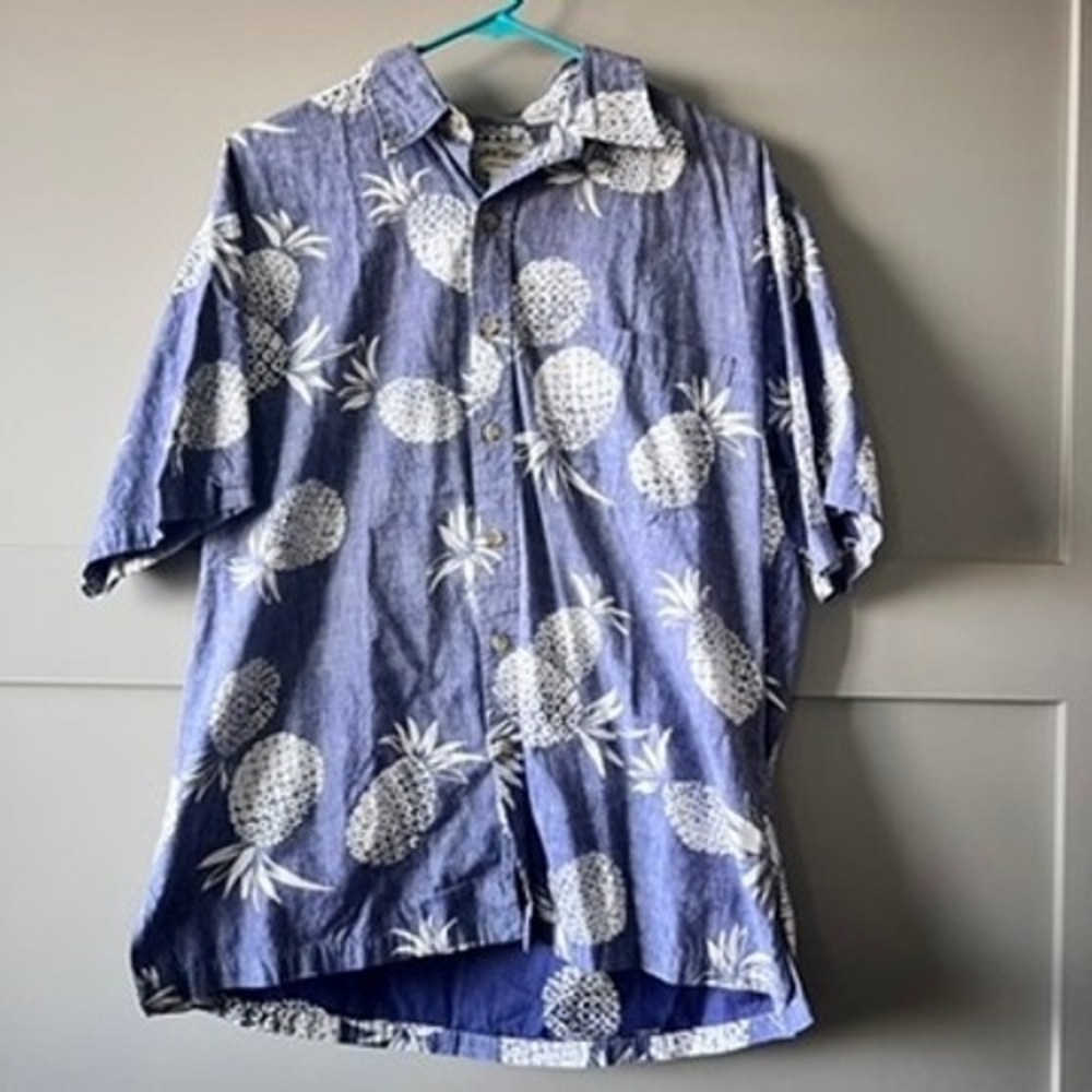 Cooke Street Pineapple Shirt Mens L Blue Aloha Button Down Made in Hawaii Cotton